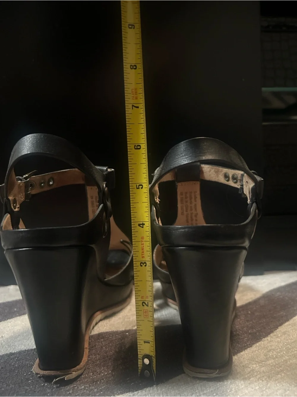 Biala Black Leather T-Strap Wedge Sandals